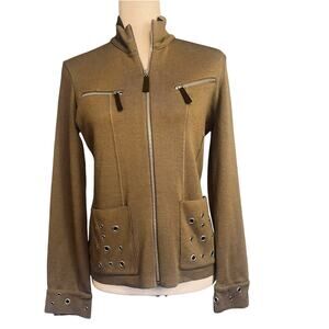 Clorinda Italian Made Merino Wool Blend Zip Front Cardigan Sweater Brown Small